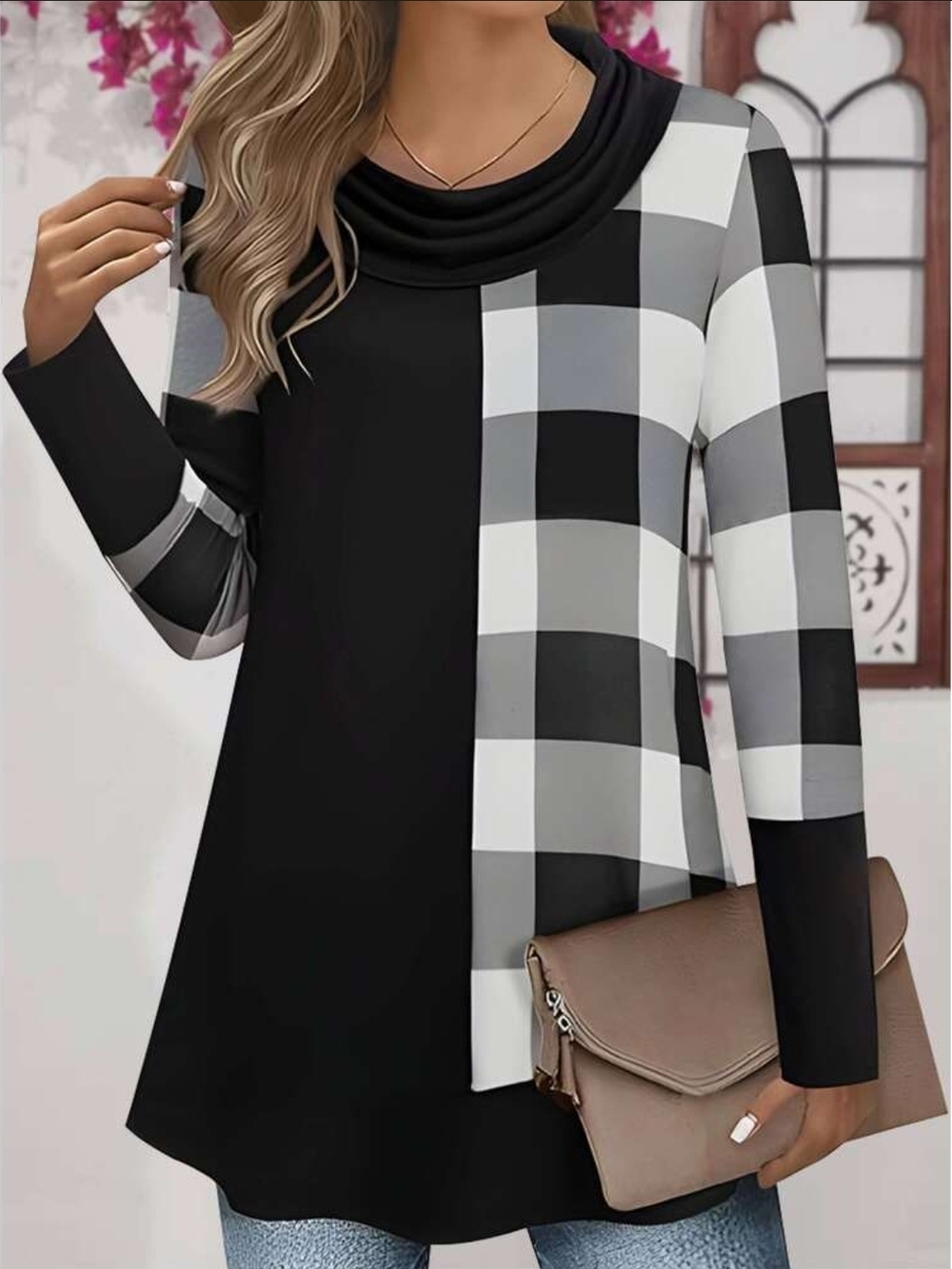 Cowl Neck Black & White Plaid Long-Sleeve Blouse